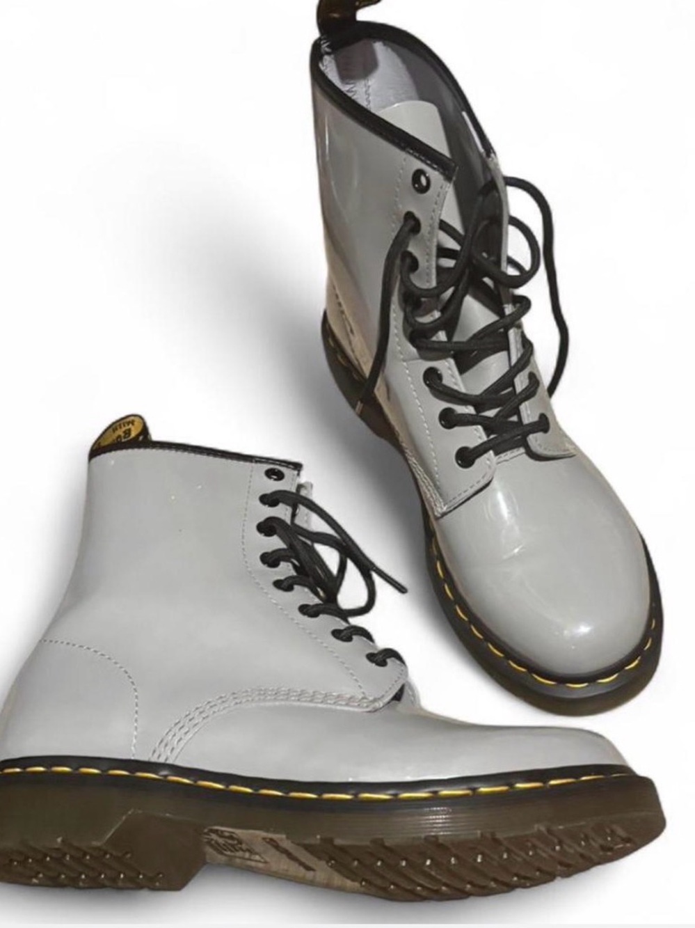Dr. Martens Grey Patent 8-Eye Lace-Up Boots with Yellow Welt Stitching